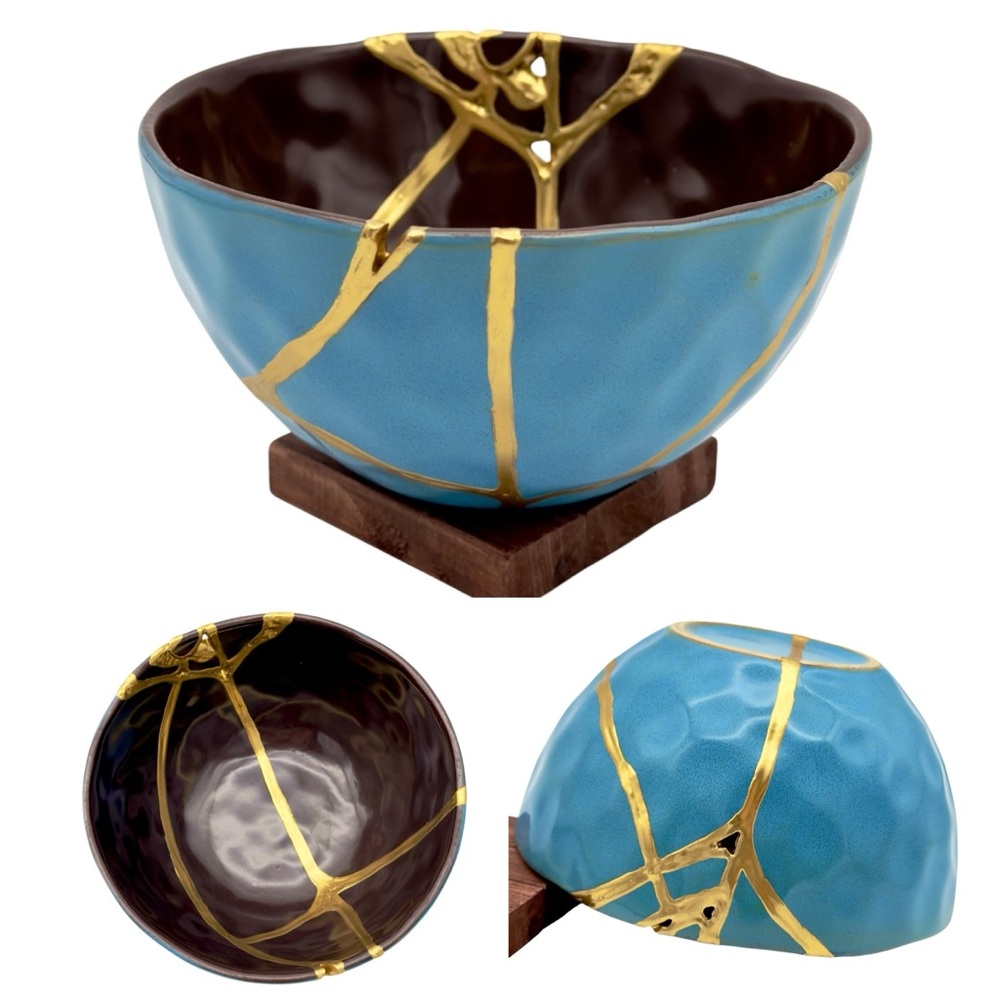 Kintsugi Bowl Honeycomb Blue And Brown Gold Crack Art Personal Growth Gift